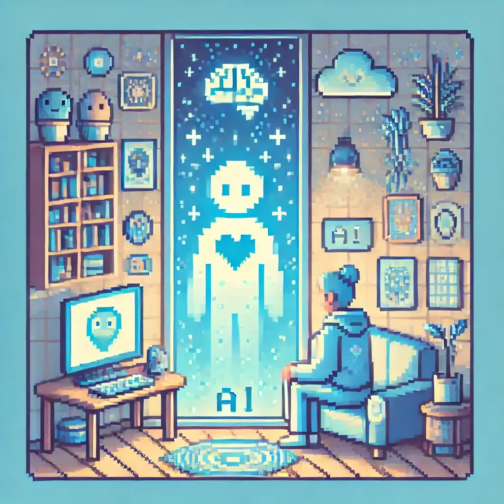 Pixel art of an emotional connection between human and AI—person seated at a desk, AI on a monitor emitting warm light, with soft pastel icons representing empathy, personalization, and accessibility in mental health support.