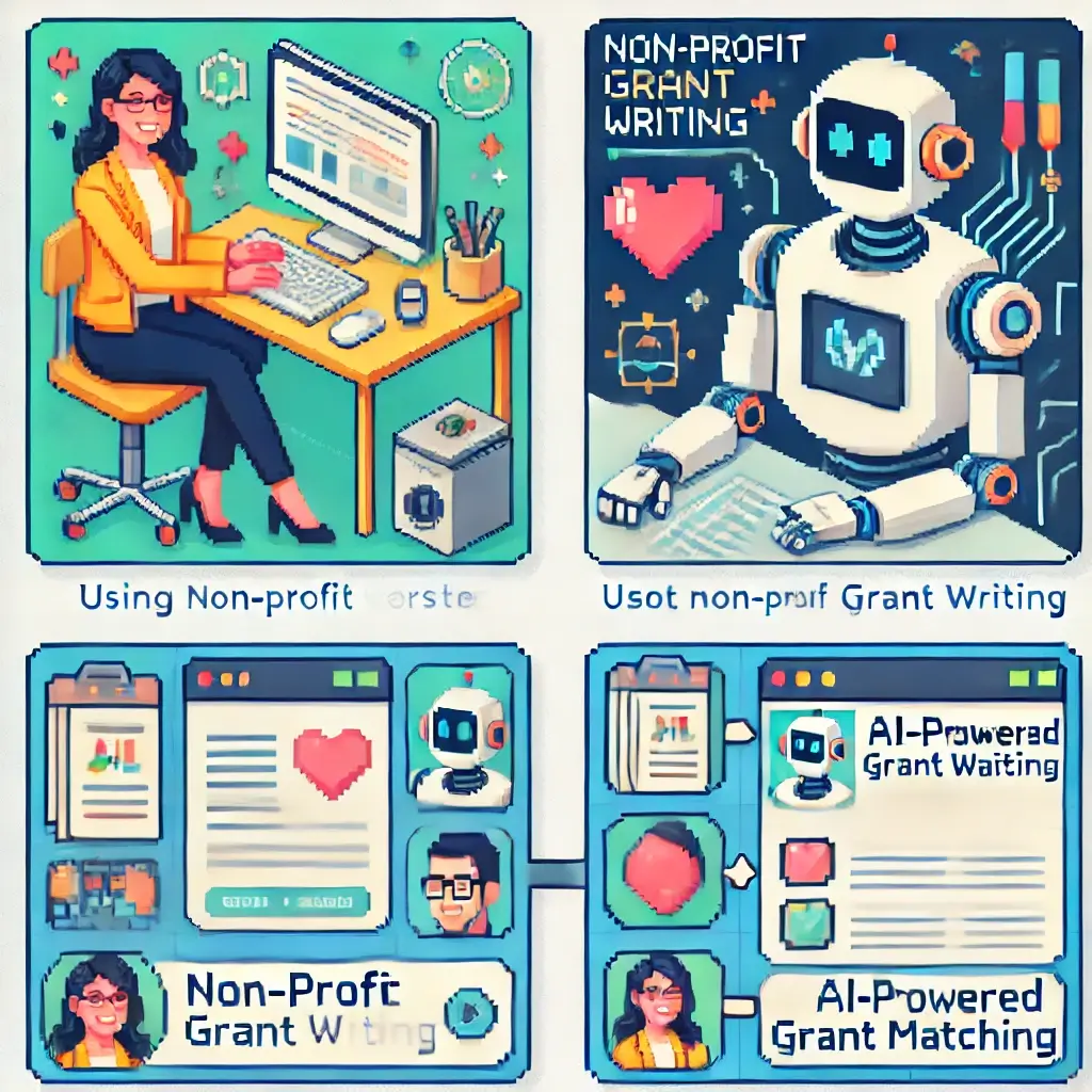 Pixel art of a non-profit worker at a desk, smiling while an AI assistant robot helps organize documents on a laptop.