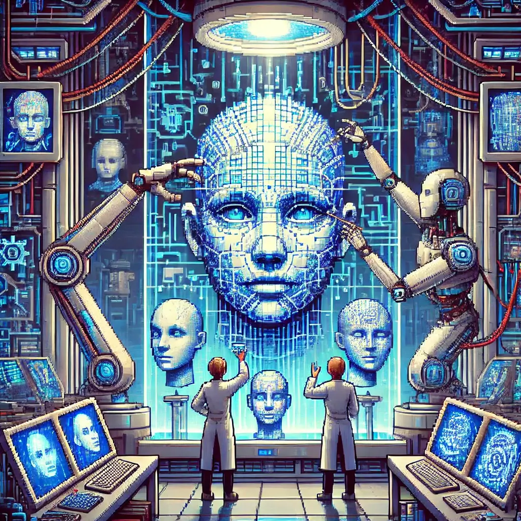 Pixel art of a futuristic AI lab where robotic arms construct a hyper-realistic digital human head from holographic code, surrounded by glowing circuitry.