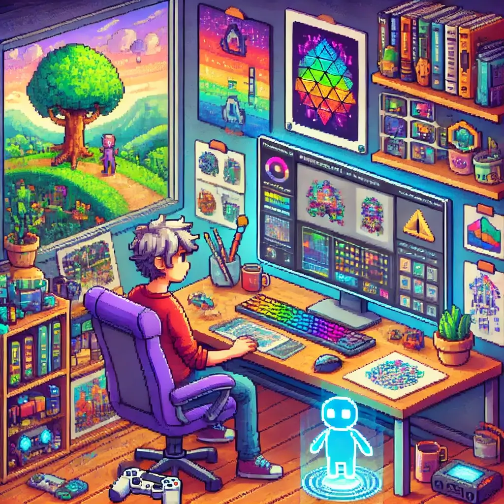 Pixel art of an indie game developer in a cozy room, using generative AI on a computer to create characters and environments. A glowing AI assistant floats nearby. The workspace is filled with sketches, books, and game posters.