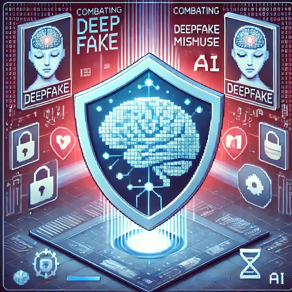 Pixel art of a glowing AI brain inside a digital shield deflecting deepfake holograms; blockchain and watermark icons appear subtly in a stylized binary battlefield background.