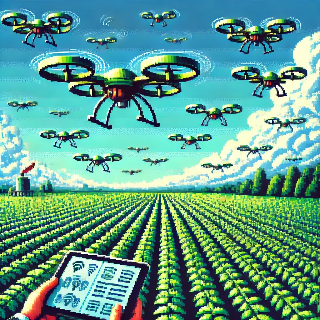 Pixel art of coordinated drone swarms flying over large green farmland, collecting agricultural data.