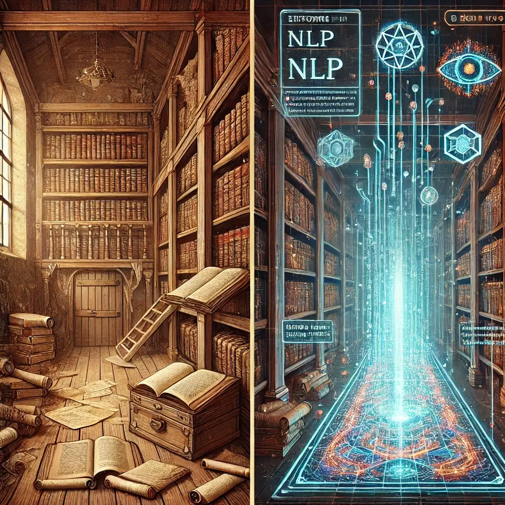 Pixel art of an ancient library transforming into a digital archive with NLP interfaces.