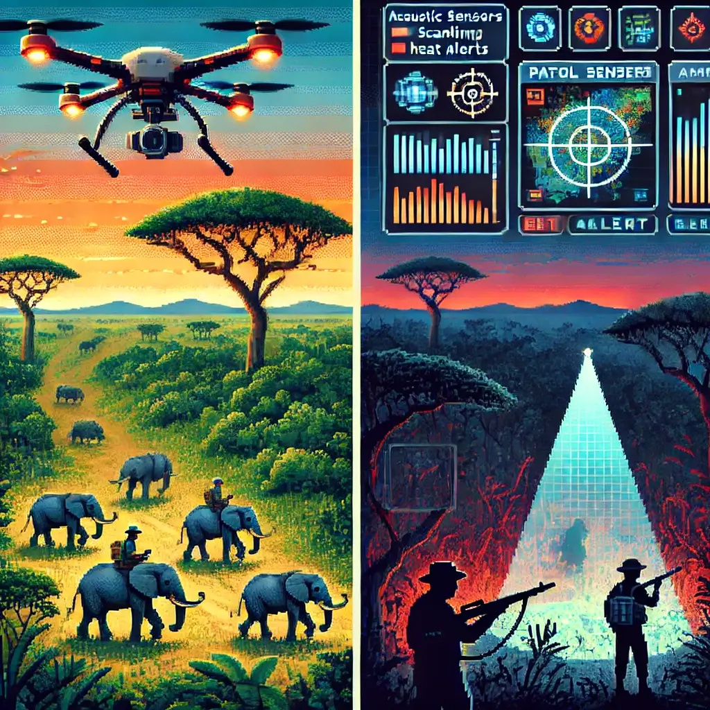 Pixel art of a savanna at dawn with elephants and a patrol drone scanning overhead; an AI control center displays heat maps and alert data in the corner.