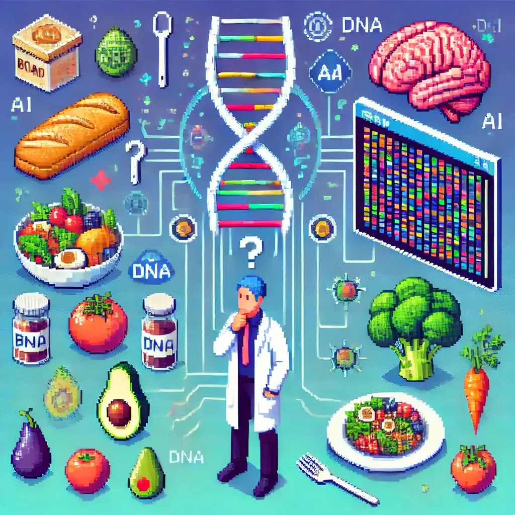 Pixel art showing a confused person surrounded by generic foods, next to another person using AI and DNA data for personalized nutrition