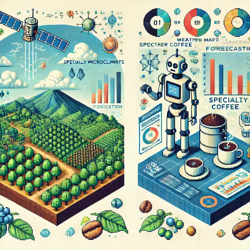 Pixel art of AI forecasting in specialty coffee, showing a coffee farm with labeled microclimates, digital coffee bean overlays, and an AI robot analyzing weather data on digital dashboards.