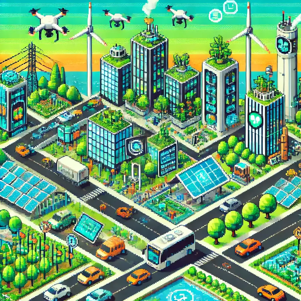 Pixel art of a futuristic green megacity with AI-powered features—solar panels, wind turbines, smart traffic, electric vehicles, drones, vertical gardens, and digital displays showing real-time environmental data. The scene blends high-tech infrastructure with lush greenery in a clean, vibrant urban environment.