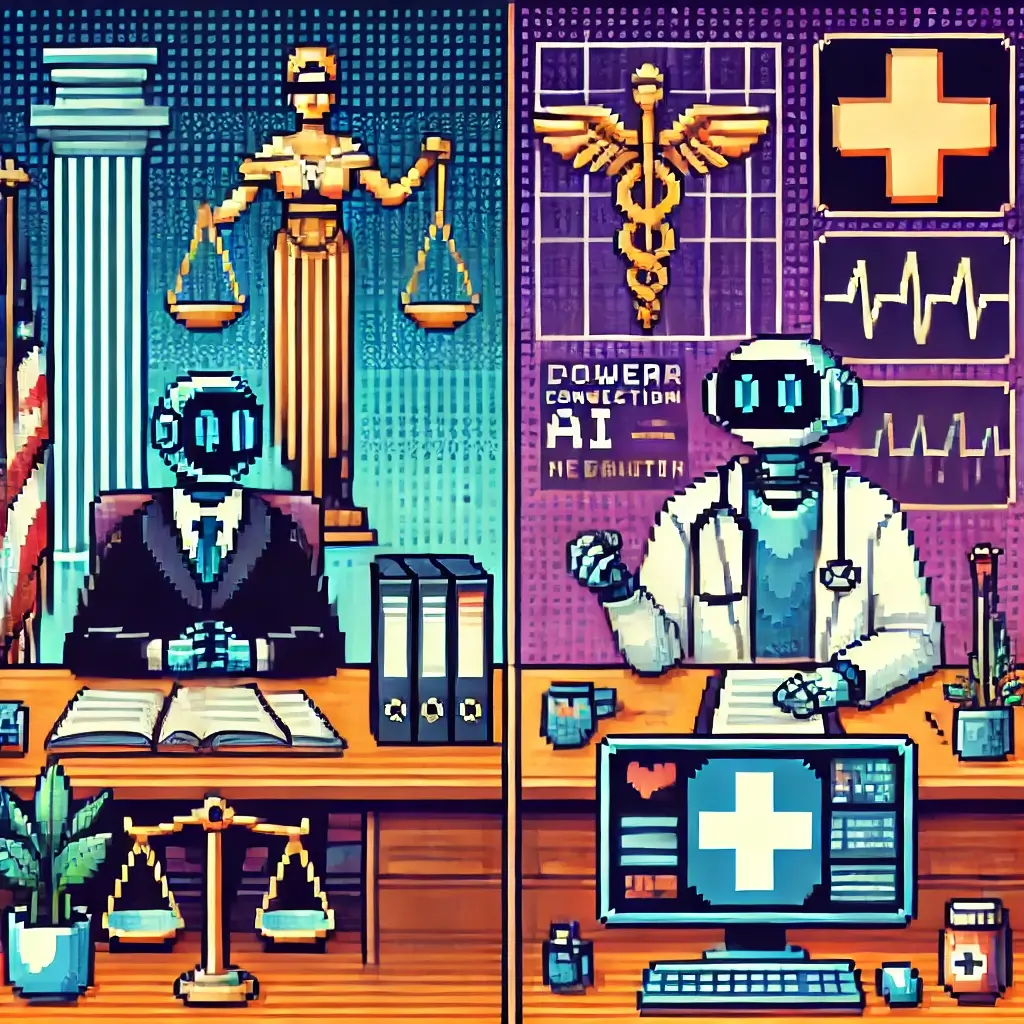 Pixel art showing a split scene — left side is a law office with a robot AI assisting a lawyer under a justice scale symbol, right side is a medical clinic with an AI helping a doctor diagnose a patient, both with vibrant and clear visual cues of legal and healthcare settings.