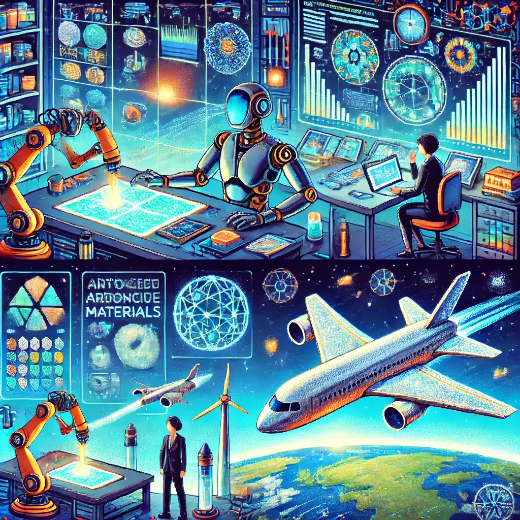 Pixel art of a futuristic aerospace lab with a human and AI robot collaborating at a glowing interface, surrounded by advanced materials.