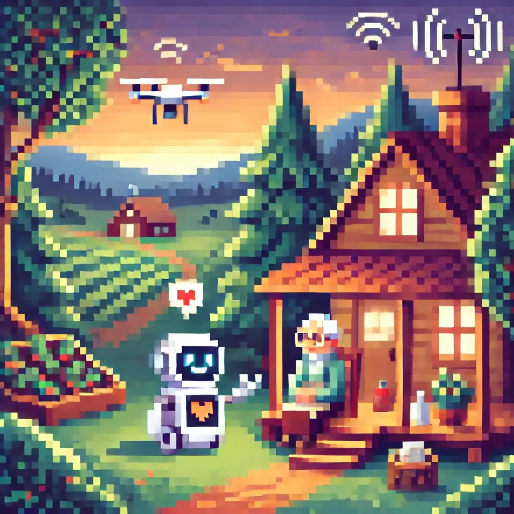 Pixel art of a rural farmhouse with an elderly person and a smiling robot companion on the porch; a drone delivers medicine in the background, symbolizing AI in elder care.