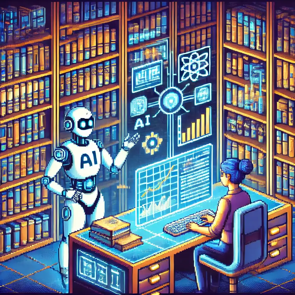 Pixel art showing a digital research environment with a futuristic AI robot guiding a scholar, surrounded by glowing books, floating screens, and citation networks in the air.