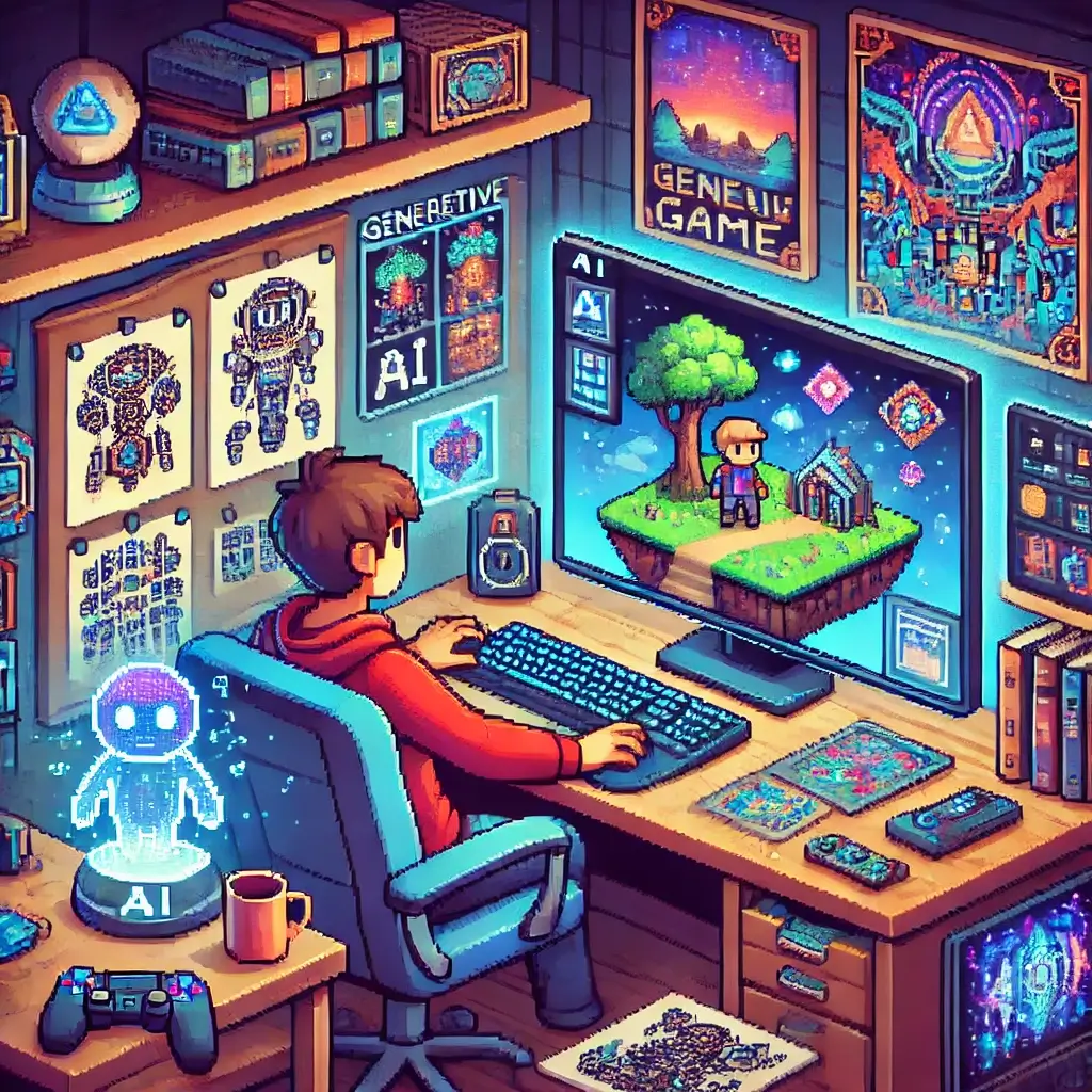 Pixel art of an indie game developer in a cozy room, using generative AI on a computer to create characters and environments. A glowing AI assistant floats nearby. The workspace is filled with sketches, books, and game posters.