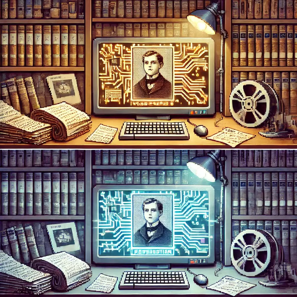 Pixel art of an AI-powered computer analyzing handwritten genealogical documents surrounded by old books and records. Genealogical Research