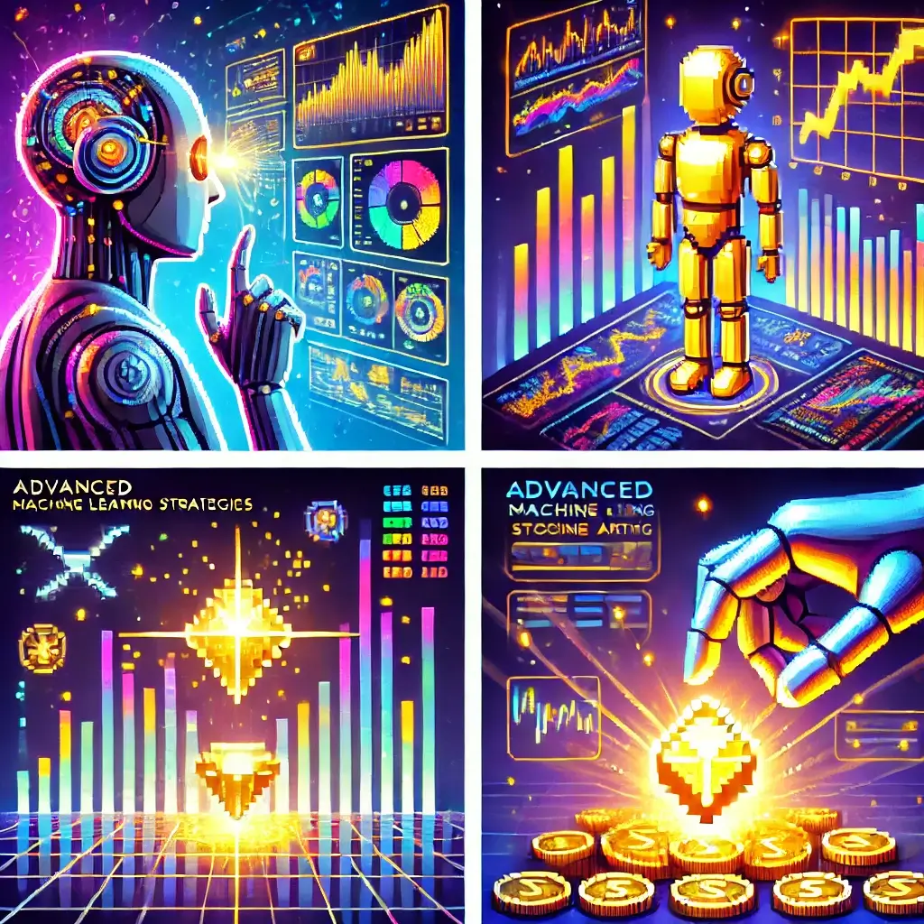 Pixel robot analyzing glowing data on floating holographic charts. ML Strategy