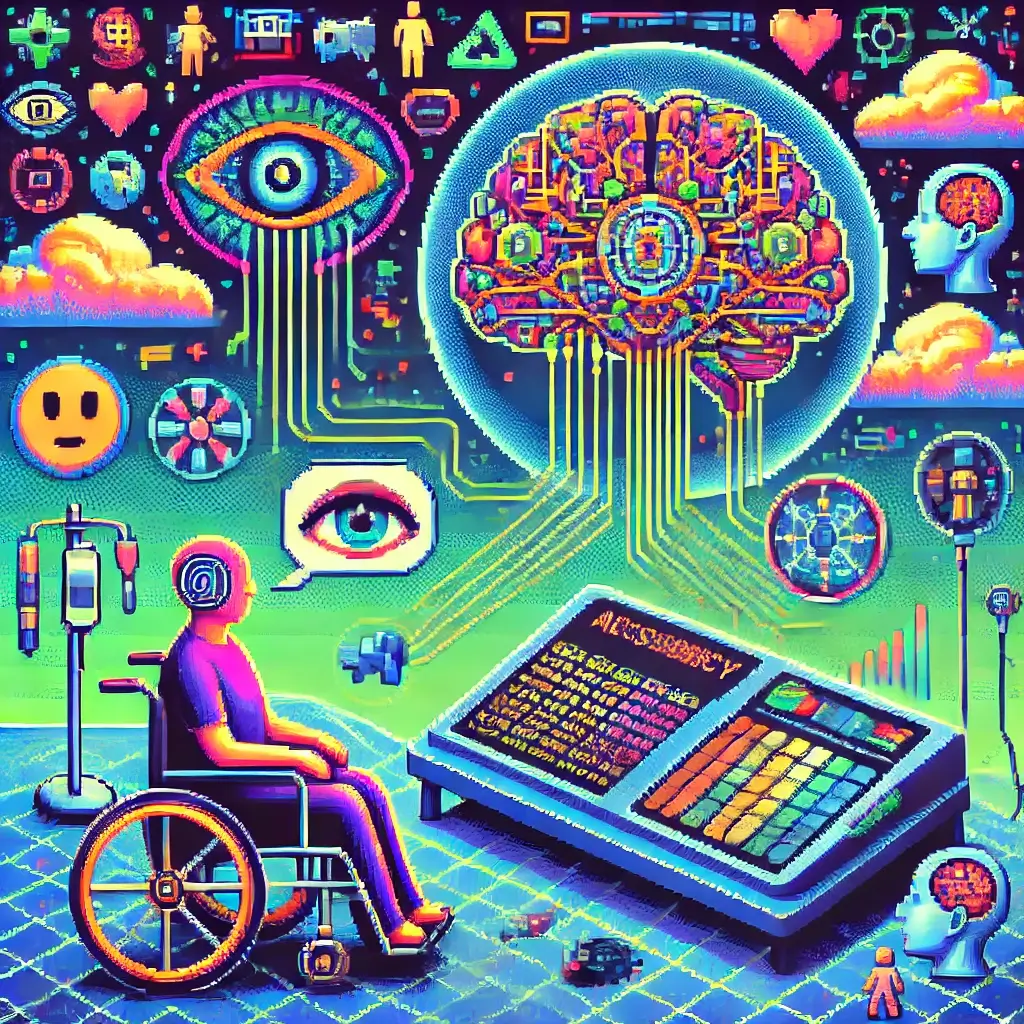 A person using eye-tracking AI to communicate via a futuristic screen with neural interface visuals in vibrant pixel art. Rare Disabilities