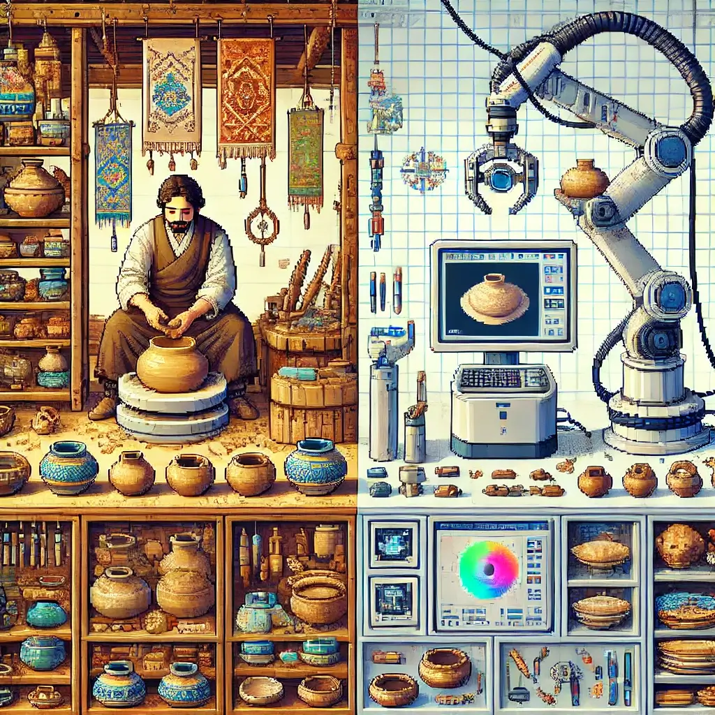 Pixel art showing an artisan potter in a warm, rustic workshop transitioning into a sleek, high-tech lab with a robotic arm inspecting pottery using computer vision, symbolizing harmony between tradition and AI.