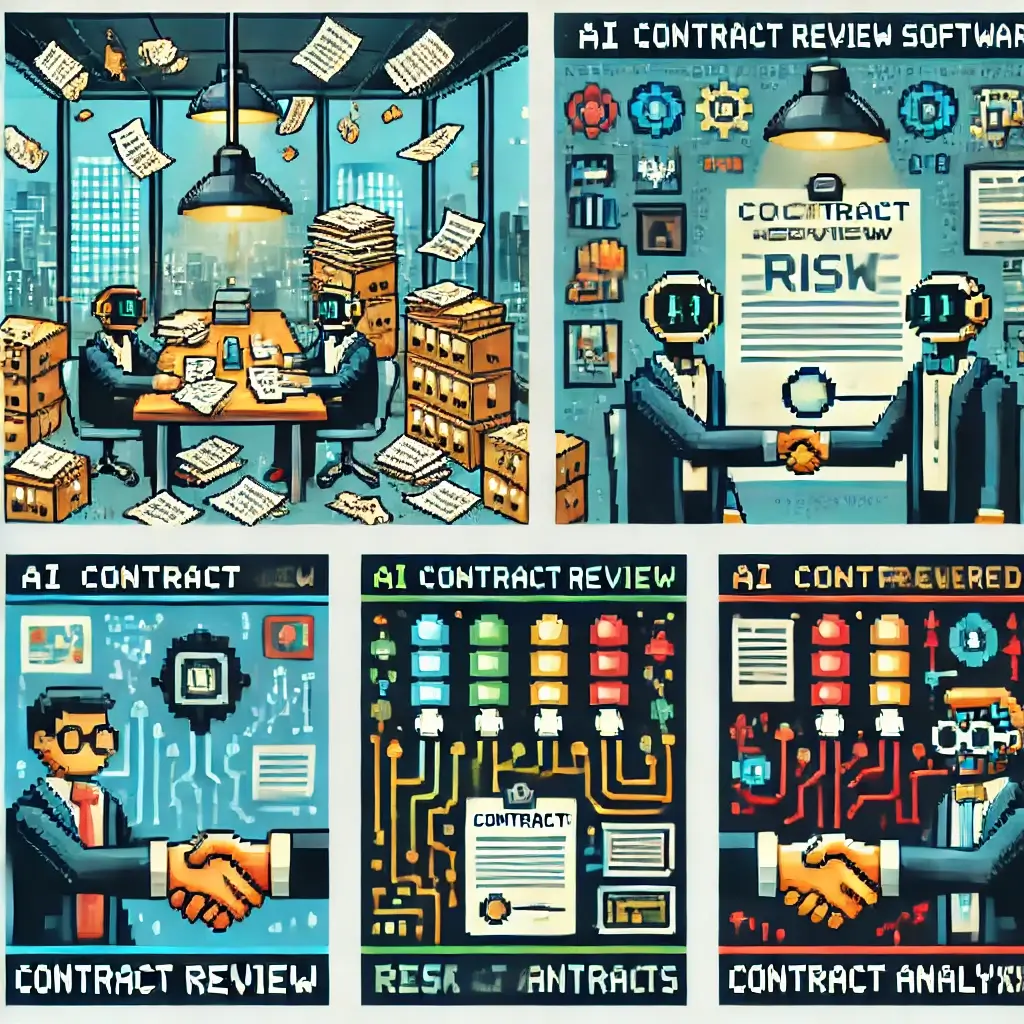 Pixel art showing AI contract review software for corporate mergers organizing chaotic contracts in a data room.