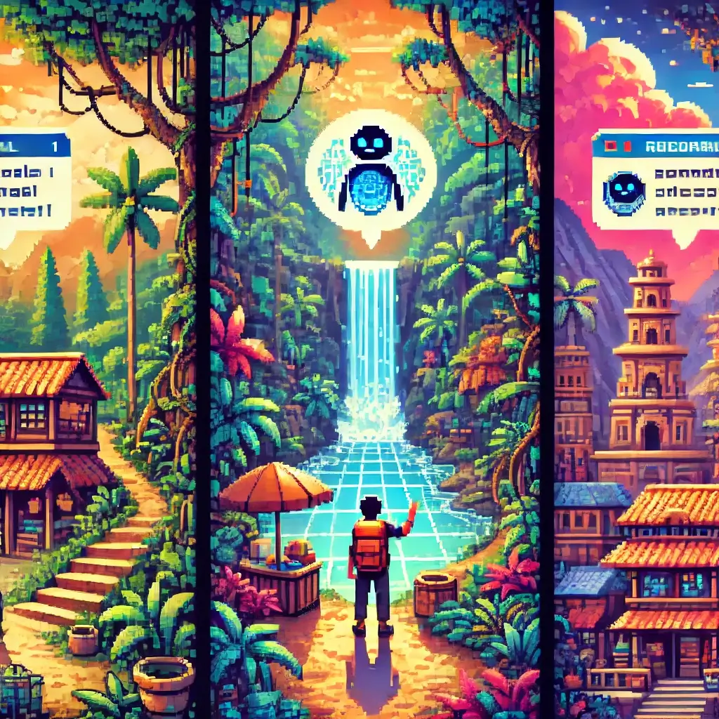 Pixel art of a traveler with a backpack talking to a floating AI hologram on a jungle path leading to a hidden waterfall. Conversational AI