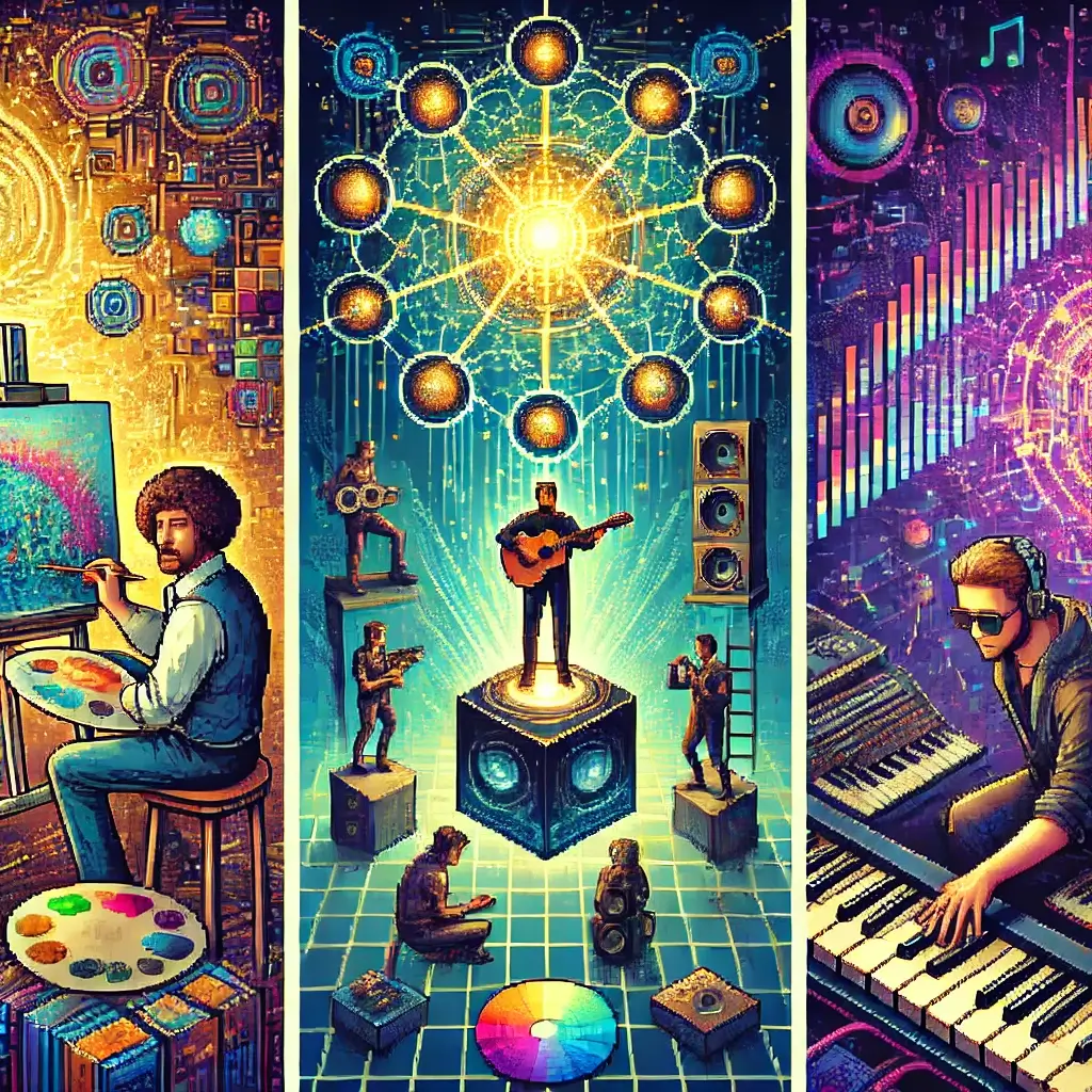5 Insane AI-Driven Platforms That Will Explode Your Artistic Collaboration 2 Pixel art of a painter and illustrator collaborating on a glowing canvas with an AI core above, symbolizing AI-driven personalized artistic collaboration.
