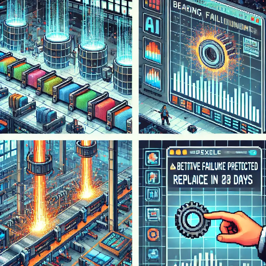 Pixel art of a futuristic textile factory with AI-controlled looms and holographic data charts in vibrant colors. AI for Predictive Maintenance