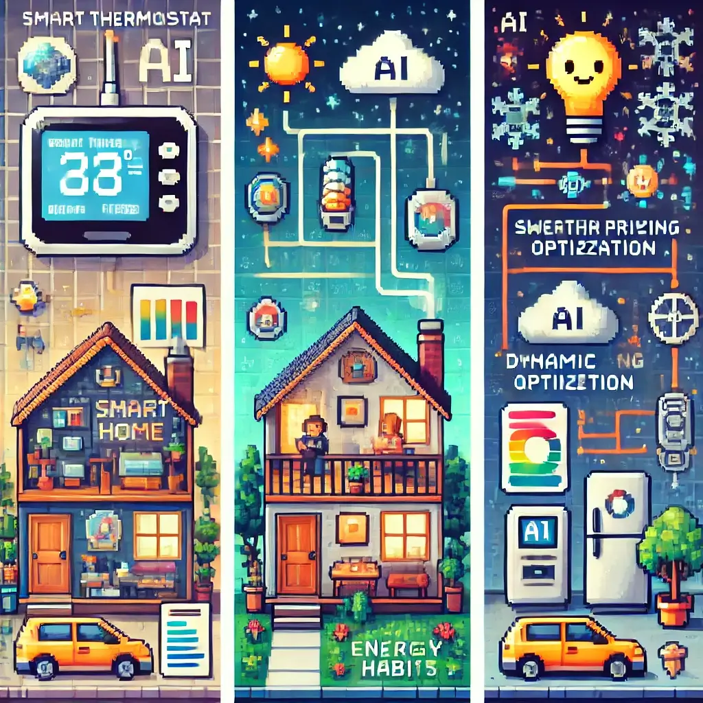 Pixel art of a smart thermostat on a home wall, with glowing AI thought bubbles and time-based energy usage data, representing AI smart thermostat learning user habits.