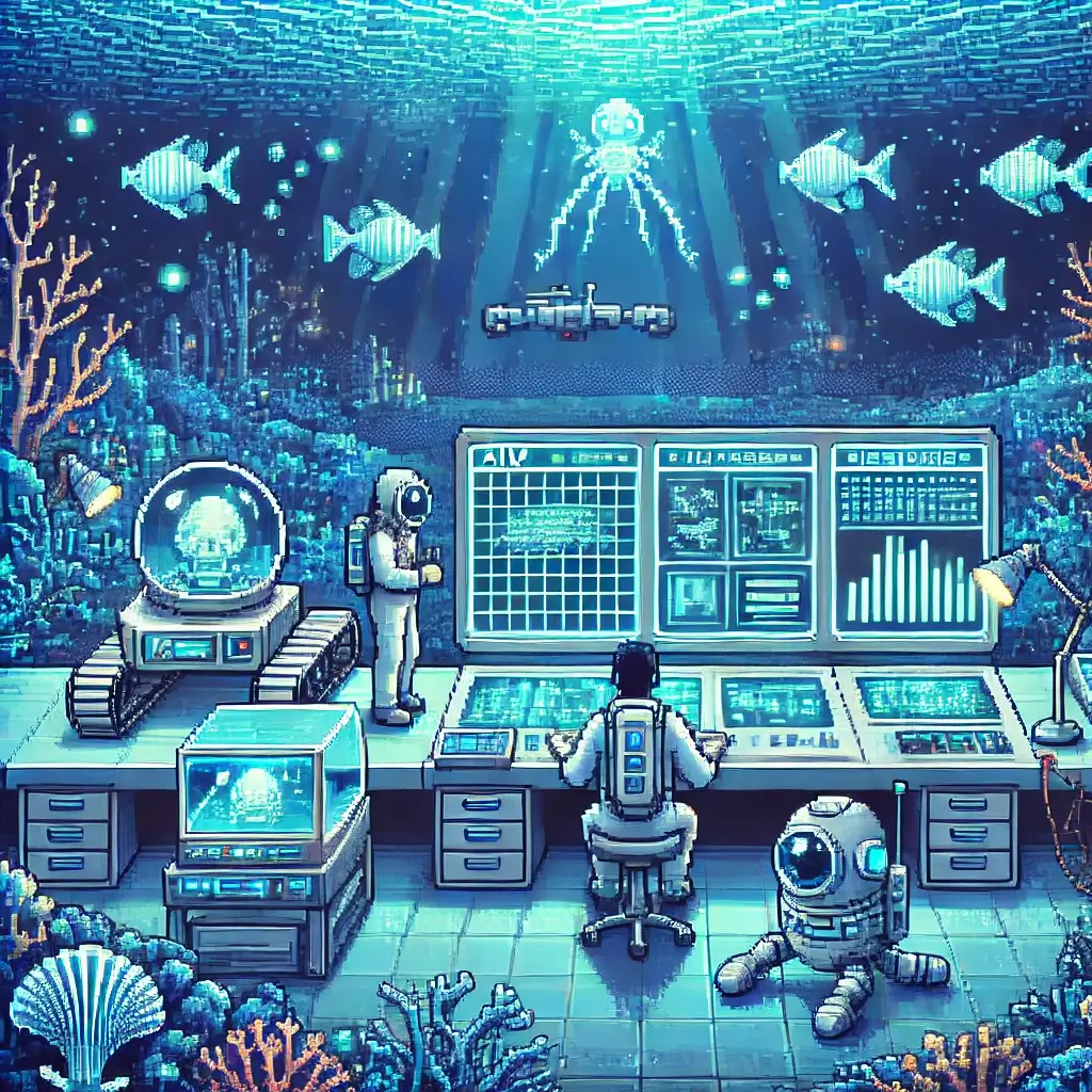 Pixel art of an underwater lab with scientists using AI to detect deep-sea creatures via computer screens.