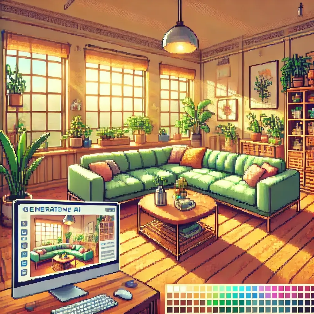 "Pixel art of a cozy living room styled with AI—sunlight, plants, sage green sofa, vintage-modern design, and a visible AI design interface. Interior Design