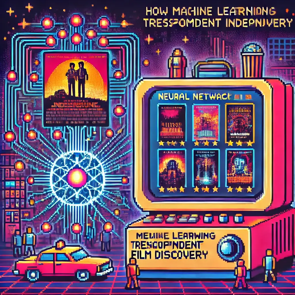 Pixel art computer with neural network connections recommending independent films, symbolizing machine learning in indie film discovery.
