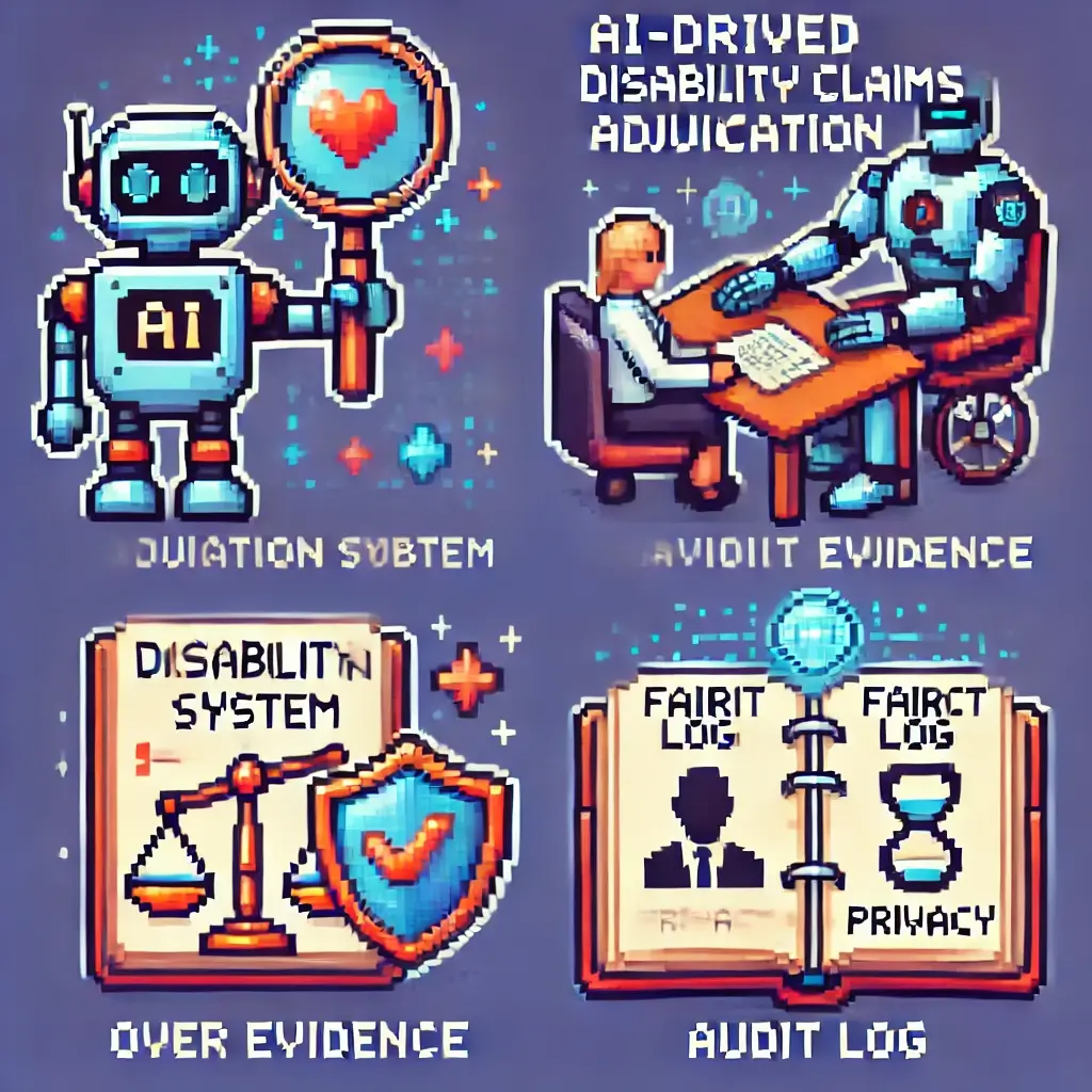 Pixel art of futuristic AI adjudication system with robot magnifying evidence, human giving final approval, audit diary, fairness scales, and privacy shield. Keywords: AI-driven disability claims adjudication, privacy in AI, fair adjudication automation.