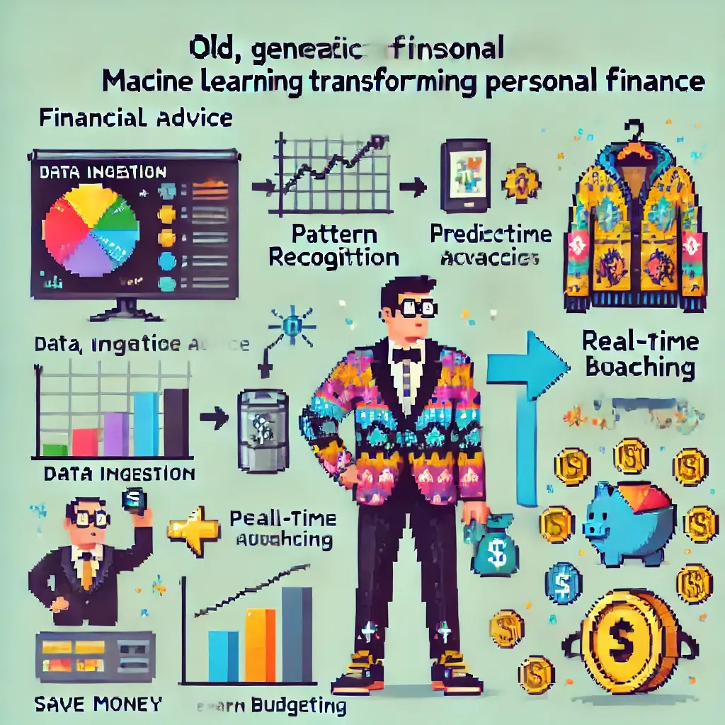 Pixel art scene contrasting old generic financial advice, shown with grey charts and an itchy one-size-fits-all sweater, with colorful personalized finance represented by a custom-tailored suit.