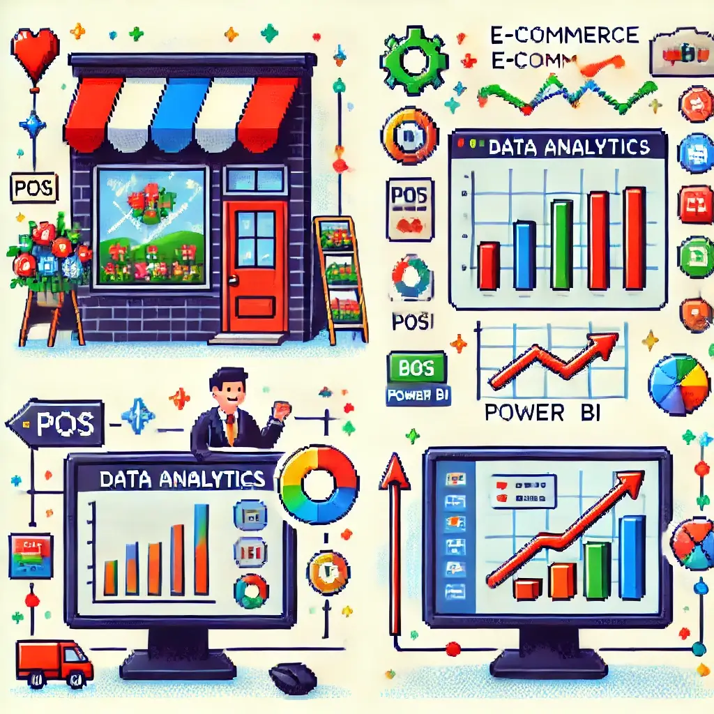 ixel art of a small retail shop with floating graphs and charts above, symbolizing sales data, analytics tools, and customer insights for small businesses.