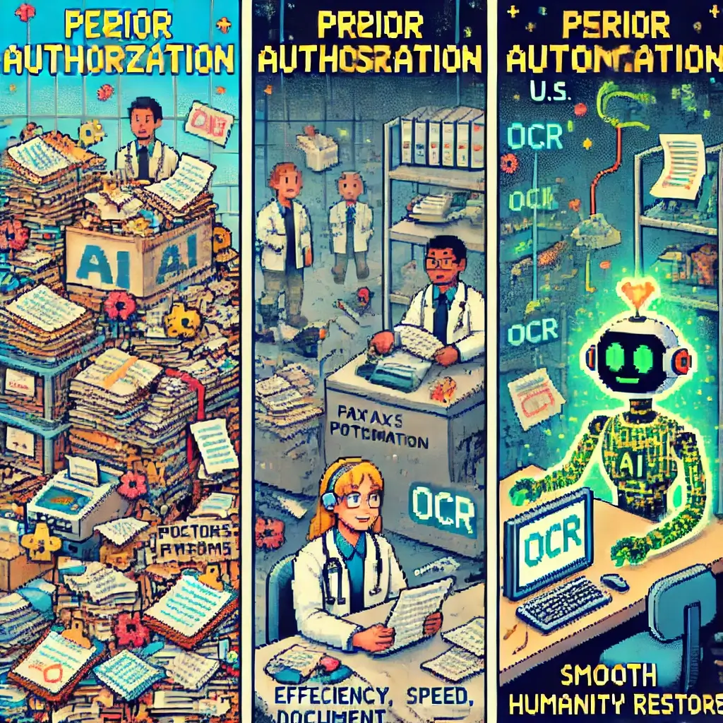 Pixel art showing chaotic prior authorization with U.S. insurers—doctors buried in paperwork, fax machines, and stressed staff. AI-powered prior authorization automation