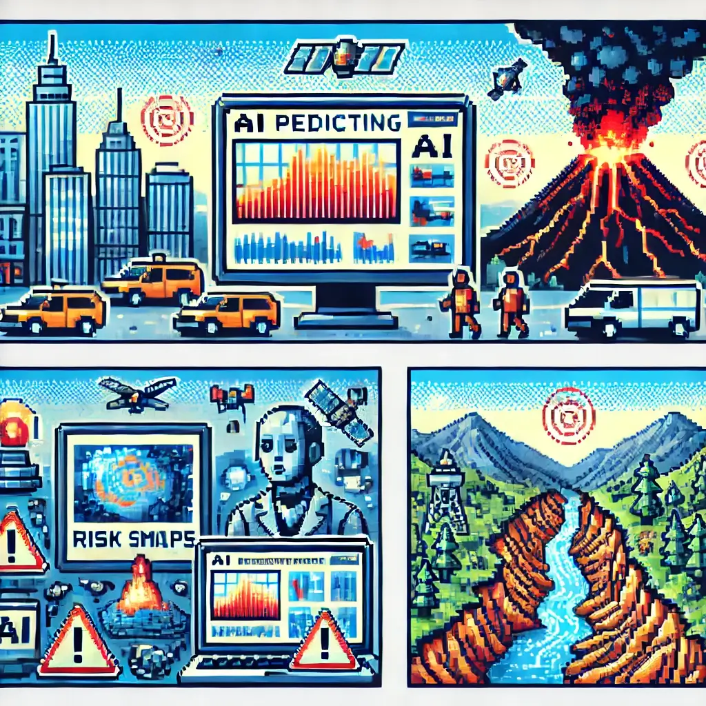 Pixel art of AI predicting earthquakes with a city skyline, seismic wave graphs on a computer, and ground sensors. Geological Disasters