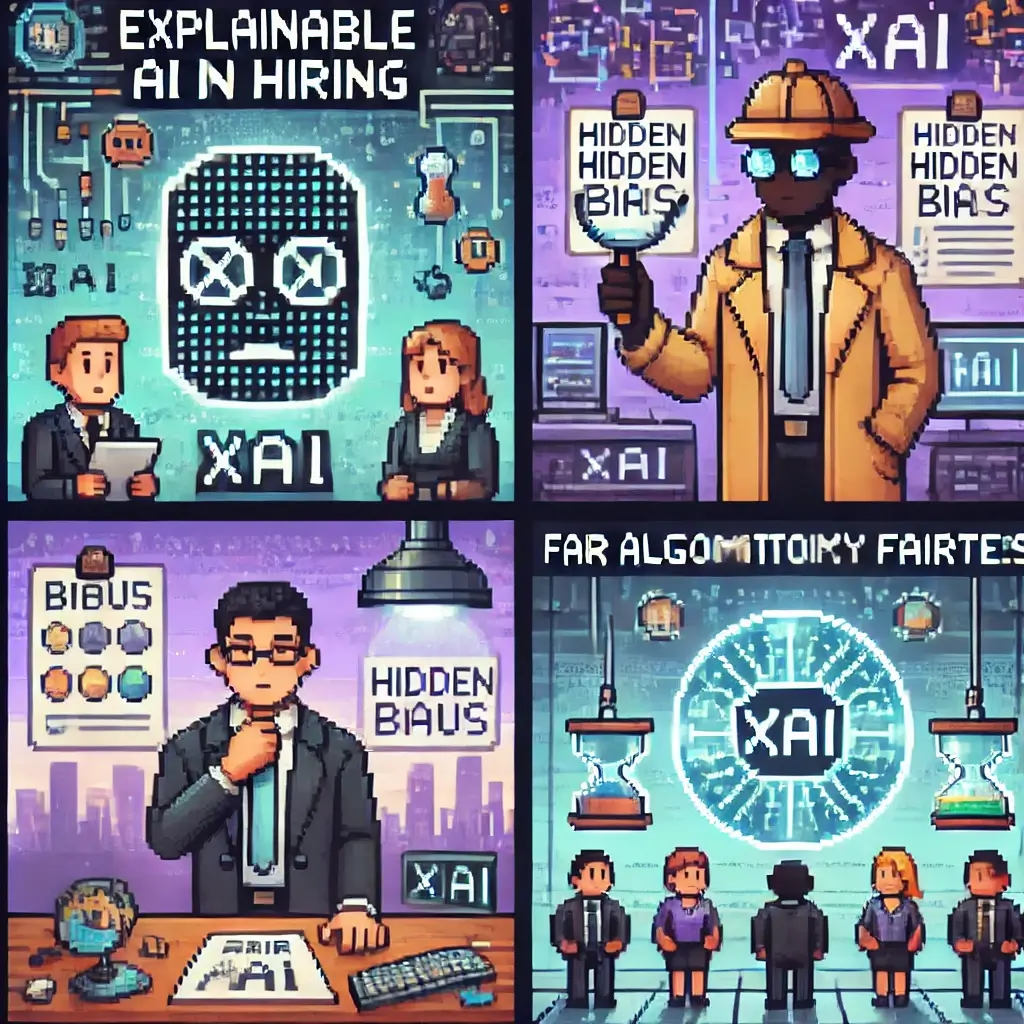 Pixel art of a mysterious AI hiring machine with glowing eyes and a magnifying glass revealing bias to shocked job seekers. XAI