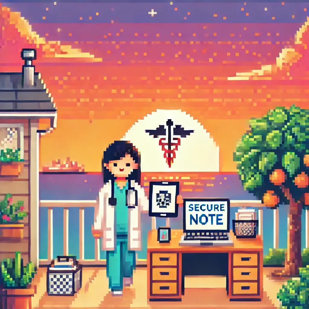 Pixel art of a smiling doctor leaving a clinic at sunset with a clean desk and tablet showing a secure note icon, symbolizing reduced burnout and freedom with HIPAA-compliant AI transcription tools.