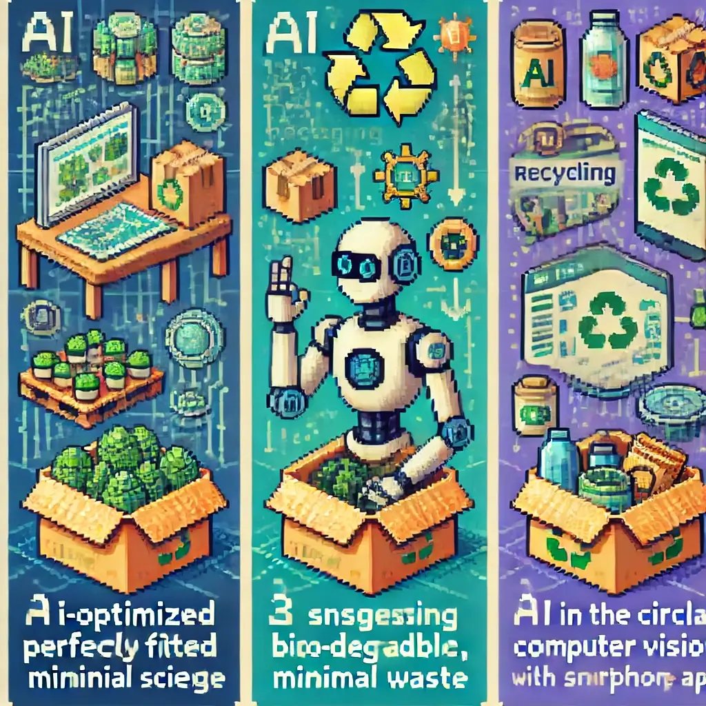 Pixel art of an AI robot designing perfectly fitted eco-friendly boxes with minimal waste. AI-Powered Packaging Innovations