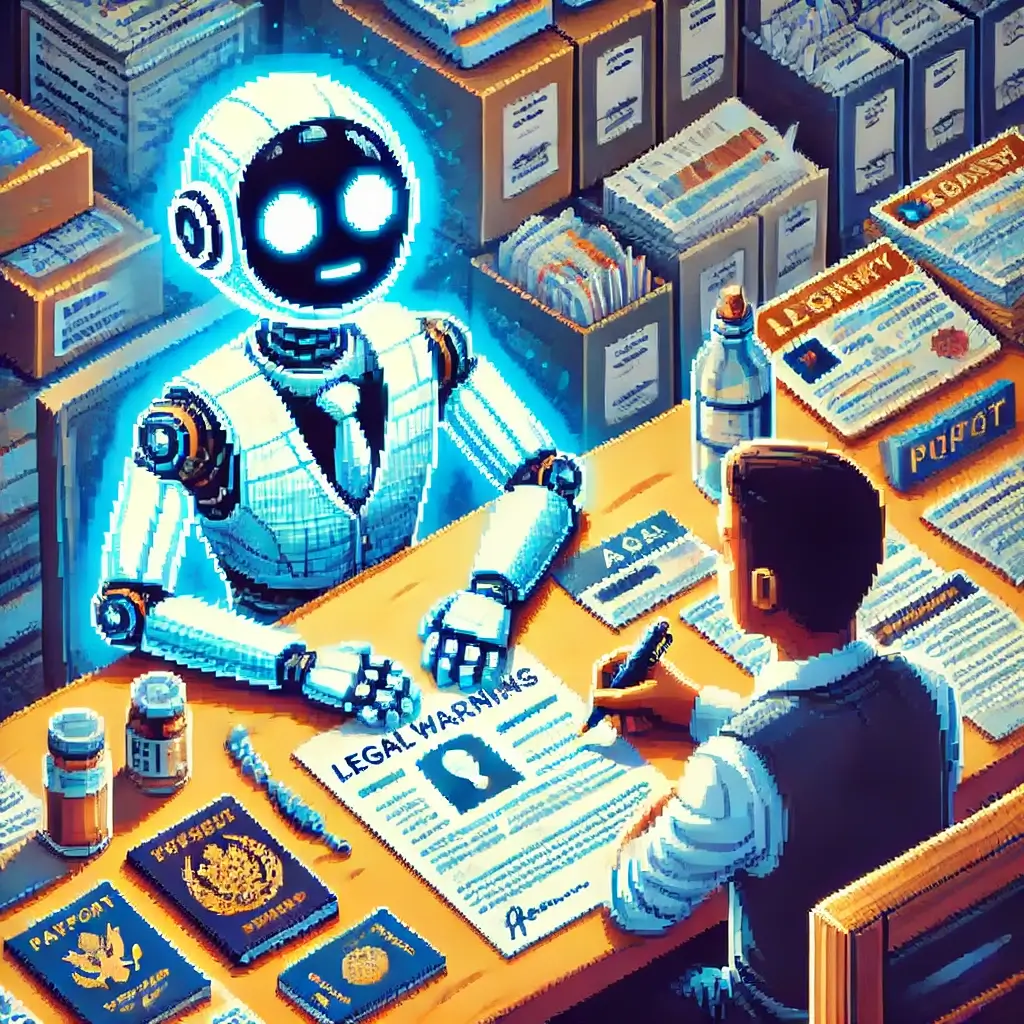 Pixel art of an anxious immigrant applicant at a desk with immigration forms and passports, facing a glowing AI robot that casts a shadow shaped like a legal warning sign — symbolizing legal risks of using AI for immigration applications, data privacy, and unauthorized practice of law.