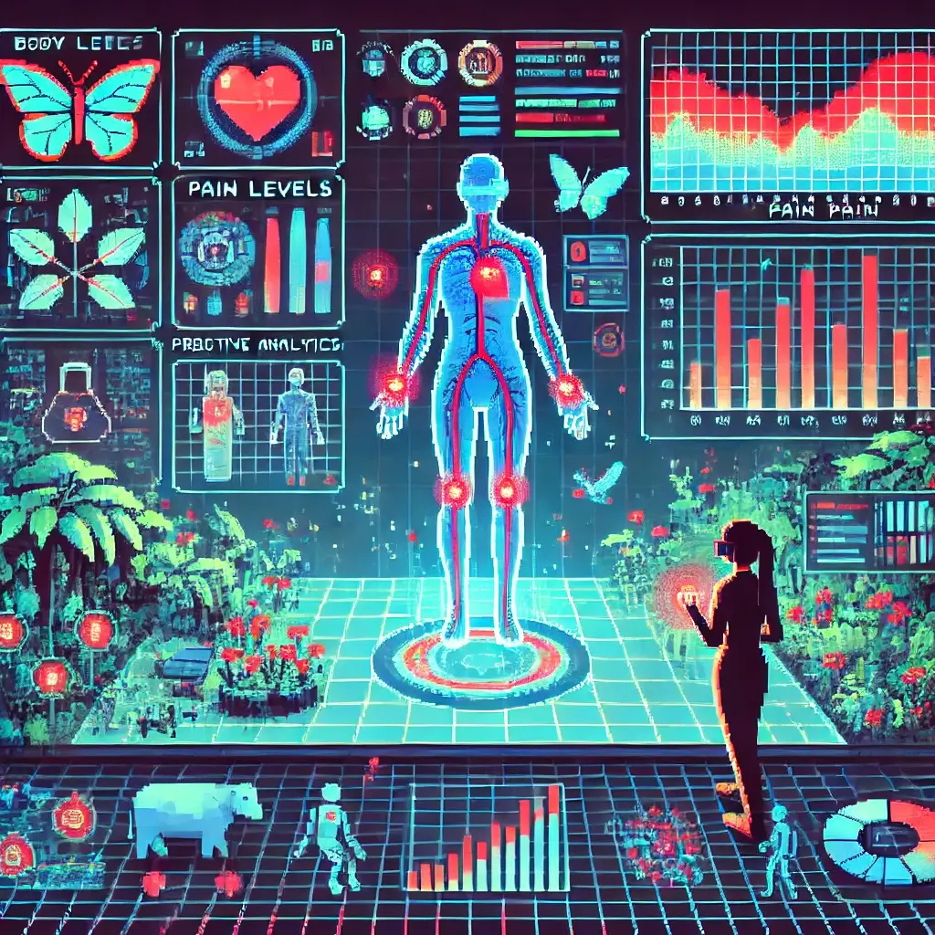 Pixel art of AI control center analyzing human pain with holographic charts and patient avatar. Chronic Pain Management