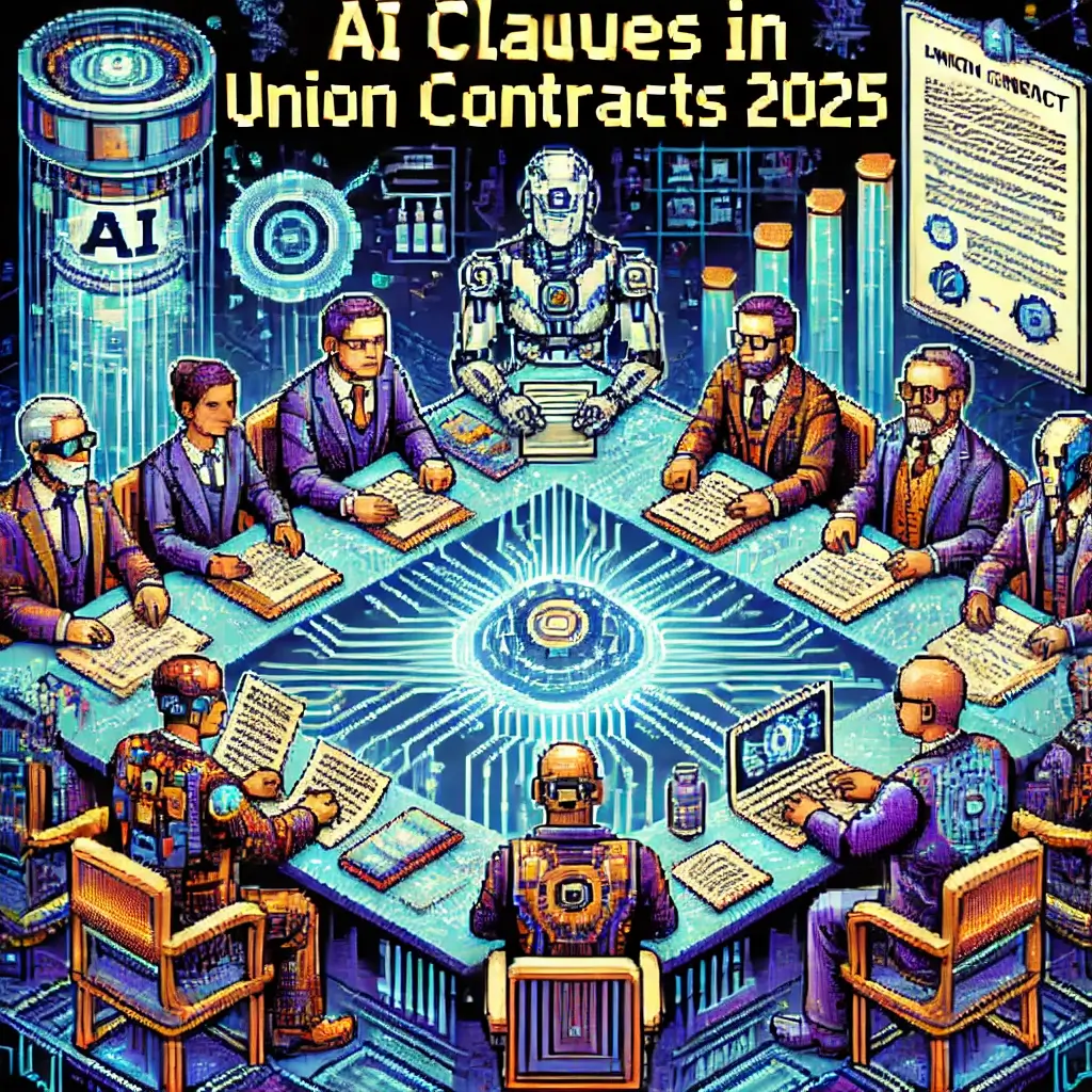 Pixel art of AI clauses in union contracts negotiation 2025, showing union representatives, employers, holographic AI assistants, and digital contracts at a futuristic table.