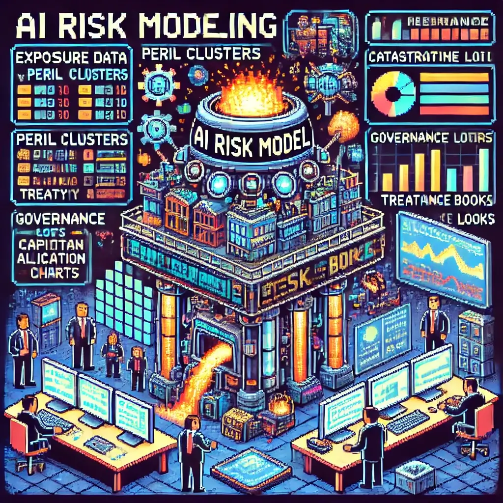 11 Battle-Tested AI risk modeling Wins Reinsurers Can Deploy This Quarter . Pixel art machine labeled “AI Risk Model” processing exposure data and catastrophe modeling inputs, with reinsurers validating governance, model risk management, and financial ROI dashboards.