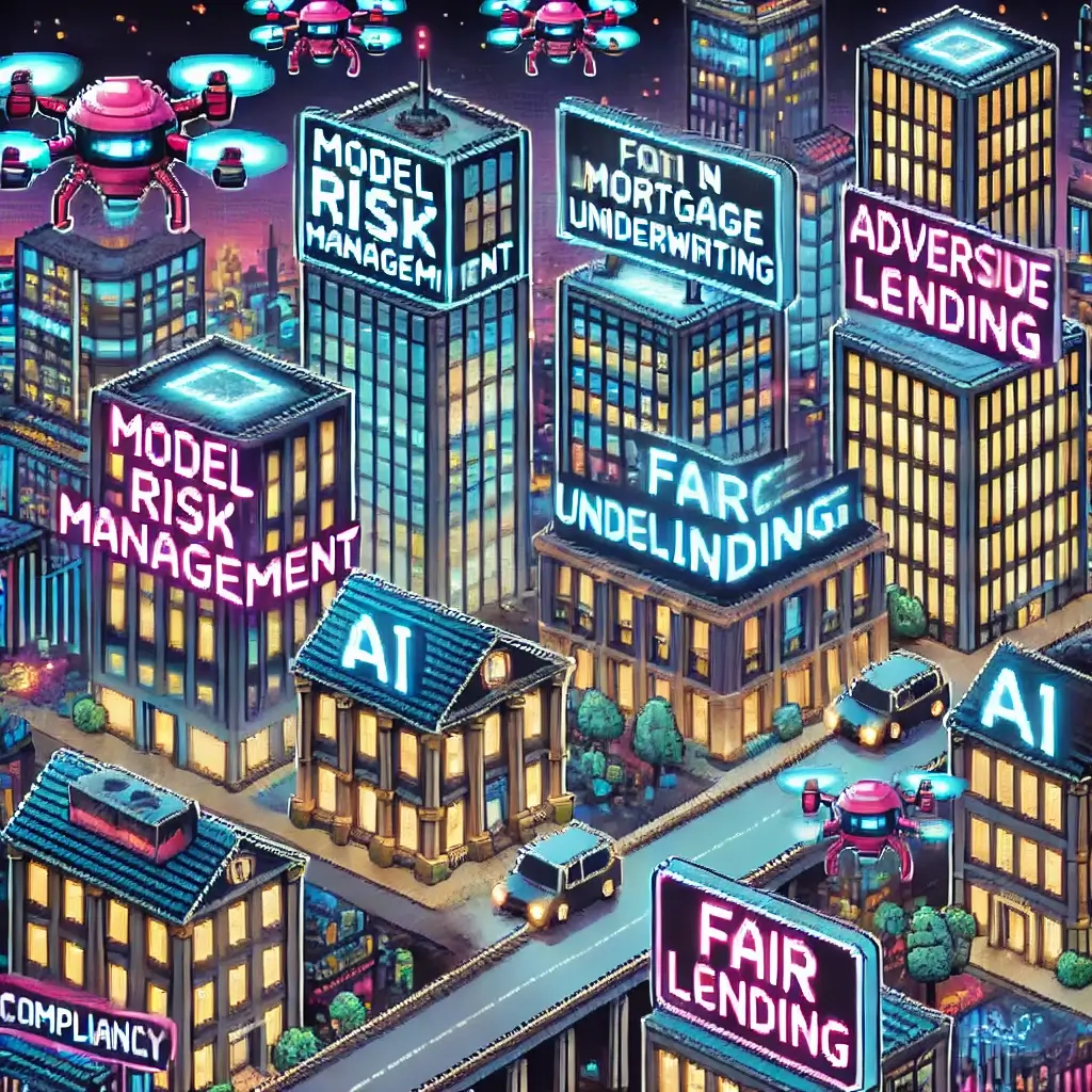 Vibrant pixel art cyberpunk cityscape about AI in mortgage underwriting, neon skyscrapers showing Model Risk Management, Fair Lending, and Adverse Action, with drones carrying Compliance documents.