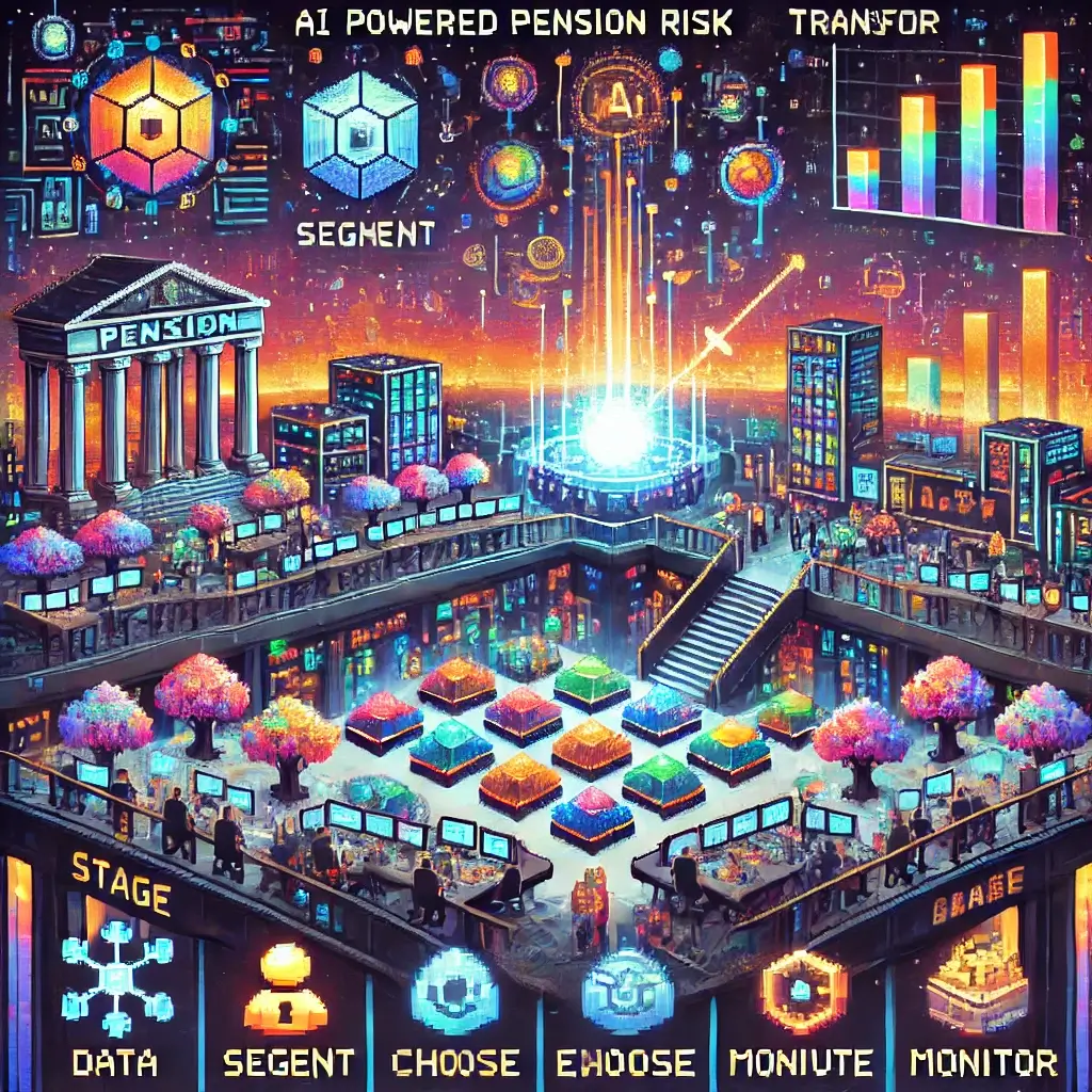 Pixel art of an AI-powered pension risk transfer control room with actuaries, CFOs, and glowing liability blocks guided by an AI crystal.