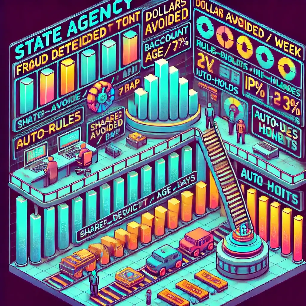 Vivid isometric pixel-art command center for UI fraud detection: layered rules + ML + graph + IDV pipeline, decile bars, confusion matrix, reason-code chips (shared_device_count_7d, bank_account_age_days), “dollars avoided / week” ticker, “auto-holds