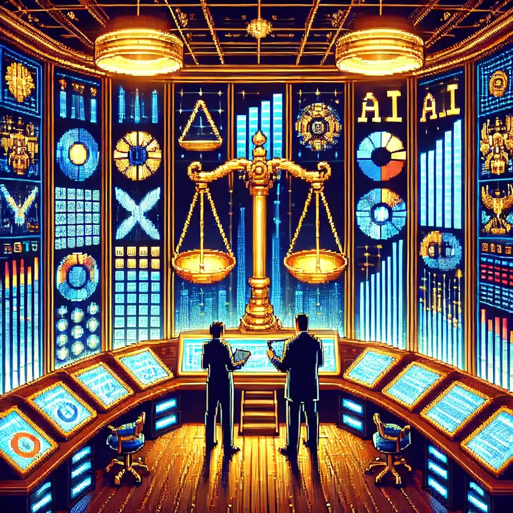 Pixel art of advisors using futuristic AI wealth management tools with fiduciary duty symbols, compliance logs, and digital dashboards glowing in neon colors.