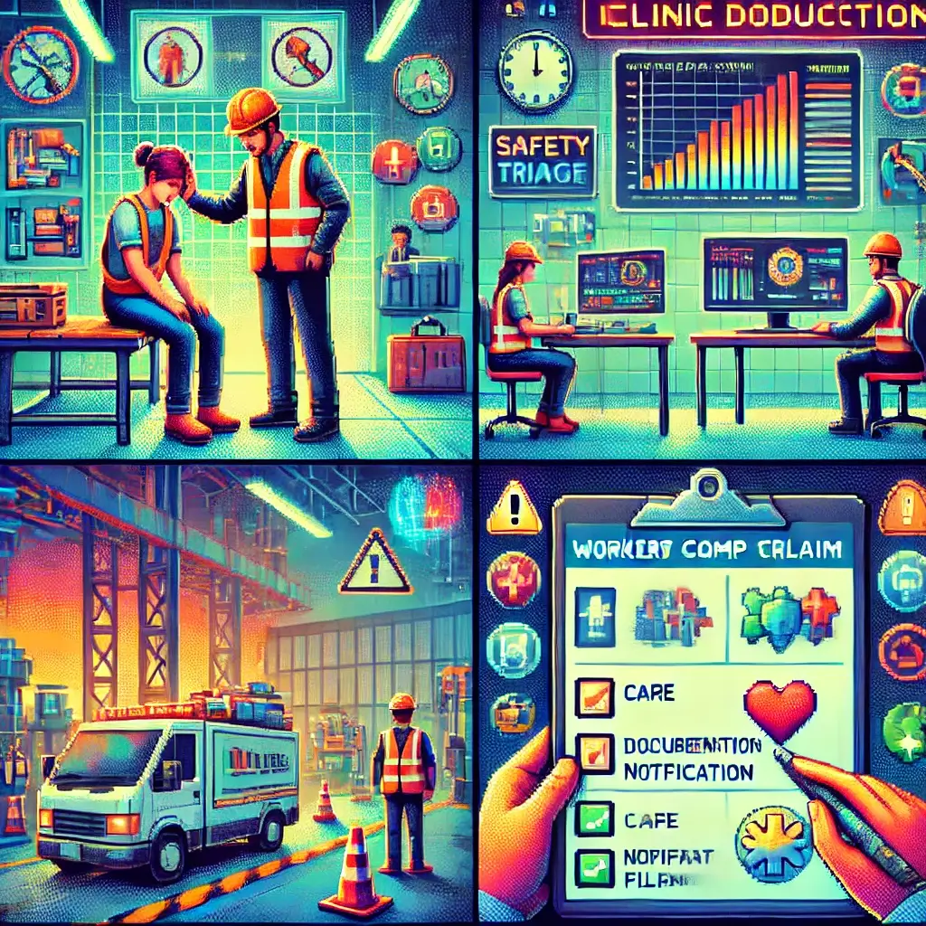 Pixel art of workers comp claim triage with a supervisor helping an injured worker and recording the incident on a phone, surrounded by safety visuals.
