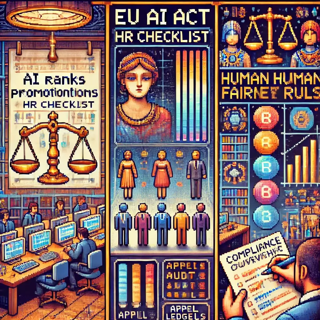 Pixel art of a futuristic HR office with AI ranking promotion candidates, fairness scales balancing gender symbols, inspired by EU AI Act HR checklist and AI promotions bias.