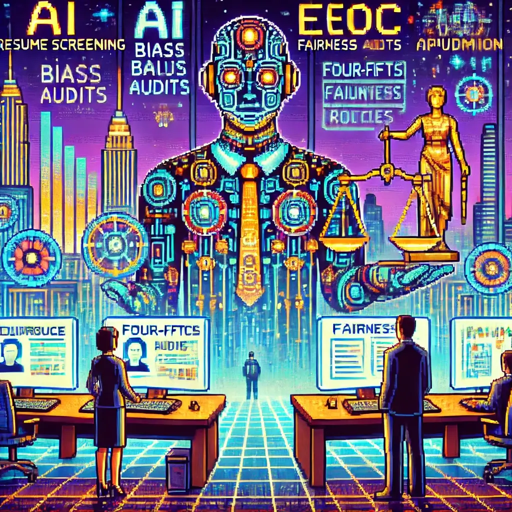 Pixel art of a futuristic AI resume screening desk with bias audit charts, fairness metrics, and EEOC compliance visuals glowing on transparent screens.